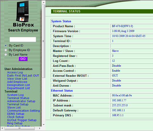 Pantalla general de estatus del sistema